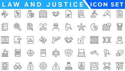 law & justice icons. editable thin line icons such as passion, fired, oath, accredited, diversify, judge chair, alerts, manufacture stock vector.