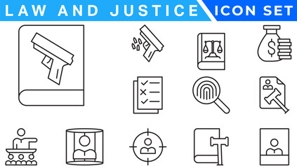law & justice icons. editable thin line icons such as passion, fired, oath, accredited, diversify, judge chair, alerts, manufacture stock vector.