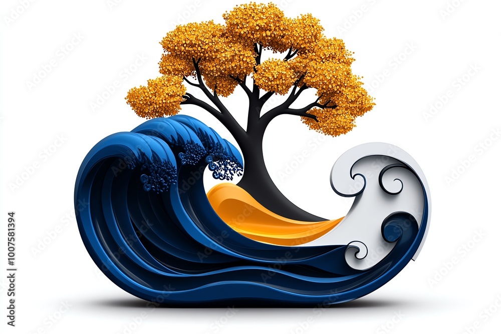 Poster Minimalist ocean wave and tree icon, using abstract shapes to represent the balance between ocean and nature in a clean, modern design.