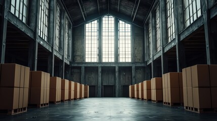 Fototapeta premium Abandoned Industrial Warehouse Interior with Cardboard Boxes and Natural Light