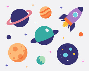 A cheerful illustration of a rocket ship soaring through space, surrounded by planets, moons, and stars. Perfect for adding a playful touch to children's books, educational materials.