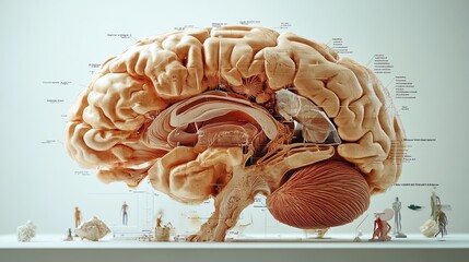 Detailed crosssection of a mammals brain with labeled regions, Animal Brain Anatomy, scientific and educational visualization