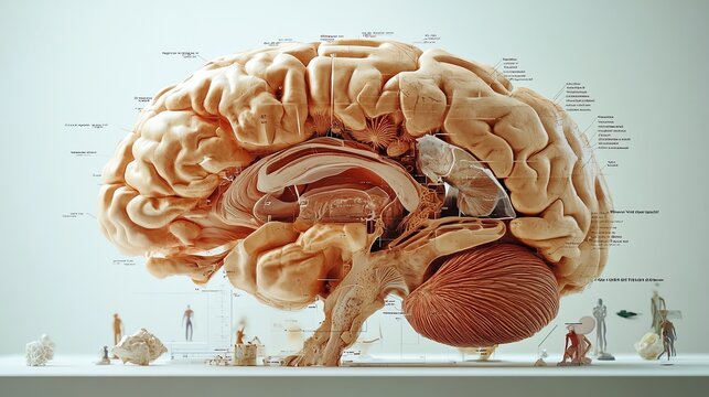 Detailed crosssection of a mammals brain with labeled regions, Animal Brain Anatomy, scientific and educational visualization