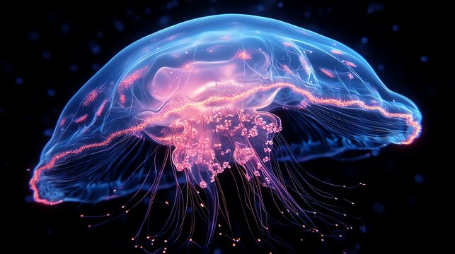 Jellyfish brain in a glowing translucent style, Jellyfish Primitive Brain, simple nerve net structure
