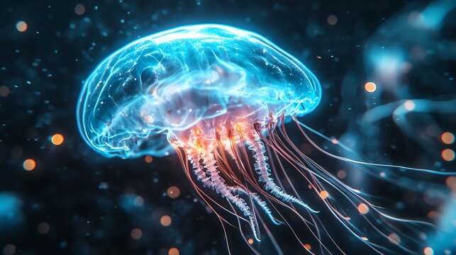 Jellyfish brain in a glowing translucent style, Jellyfish Primitive Brain, simple nerve net structure