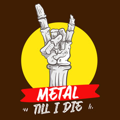 Hand drawn vector illustration of a human skeleton showing rock and roll sign for music shop, band logo or merchandise illustration