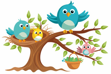  cute birds building their first nest on a branch of a large tree on a white background