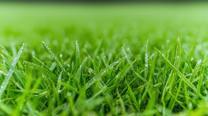 Fototapeta premium Dew Drops on Green Grass Blades Nature Macro Photography