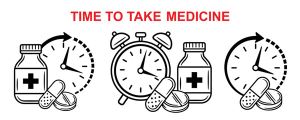 Medicine time, medical pill take hour timetable, medication day schedule line icon set. Alarm clock timer. Pharmacy medicinal tablet, vitamin capsule dose. Health medicament. Disease treatment. Vector
