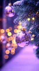 Fototapeta premium Festive Christmas tree glass ornament on purple background