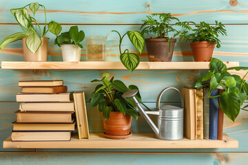 Houseplants, Wooden Shelf with Books, Watering Can, and Natural Greenery for Cozy Interior Styling"