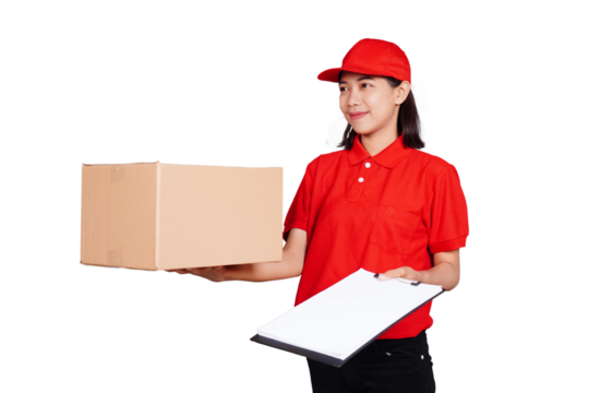 Delivery woman holding clipboard and boxed package isolated transparent