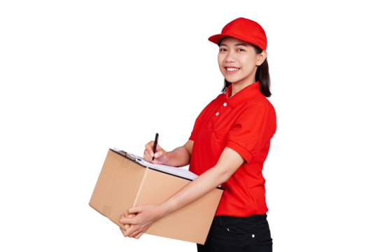 Delivery woman holding clipboard and boxed package isolated transparent - Powered by Adobe