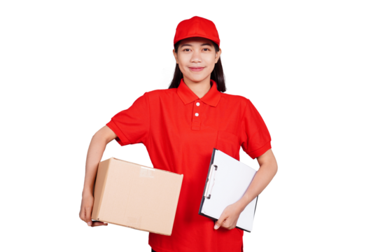 Delivery woman holding clipboard and boxed package isolated transparent