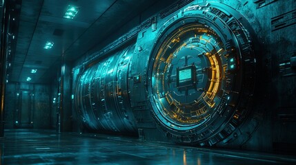 Fototapeta premium Futuristic sci-fi corridor with glowing energy portal