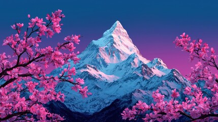 Obraz premium Majestic Mountain Peak with Pink Blossoms at Sunset