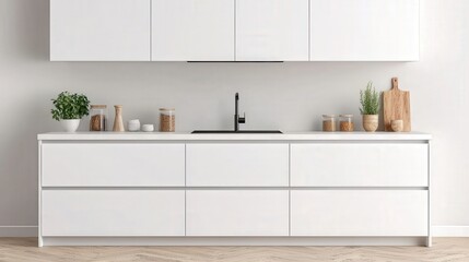 Modern Minimalist White Kitchen Cabinetry with Black Faucet and Wooden Accents
