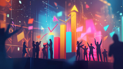 animated silhouettes celebrate success with colorful bar chart and arrow graphic - business, growth, team, celebration, neon, party, abstract