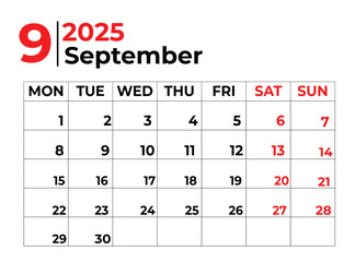 September 2025 Monthly Calendar design with clean look and week starts from sunday