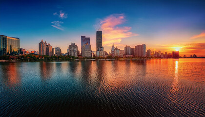 Fototapeta premium Atardecer en ciudad aleatoria reflejando en el río