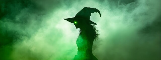 Silhouette of mystic wicked witch in black hat and dress on dark background. Halloween holiday. Witches sabbath on Walpurgis night. Black magic and paganism concept