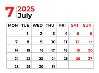 July 2025 Monthly Calendar design with clean look and week starts from sunday