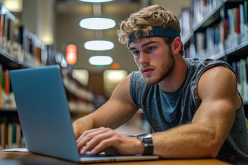 Obraz premium A student working on a research paper, typing on a laptop, surrounded by academic journals and books, university library setting