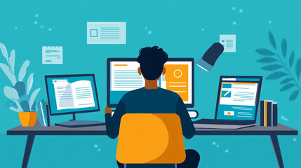 animated illustration of person working at a desk with laptop and desktop computer in a blue office