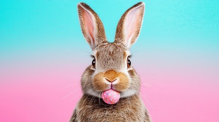 Fototapeta premium Cute Easter Bunny Holding Decorated Egg on Pink and Blue Background