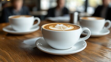 Fototapeta premium Elegant Coffee Cups with Art on Wooden Table