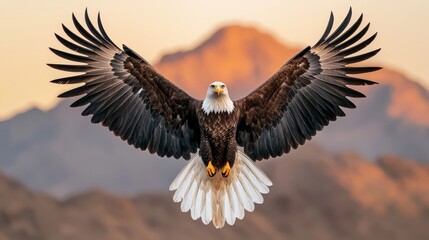 Obraz premium Majestic Bald Eagle Soaring at Sunset Over Mountain Landscape