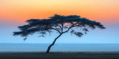 Lone Acacia Tree Silhouetted Against Vibrant Sunset Sky in African Savanna - Serene Nature Landscape Photography with Tranquil Atmosphere