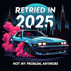 A vector-style design for a t-shirt featuring a classic 1980s sports car in a dynamic, smoke-filled burnout pose.