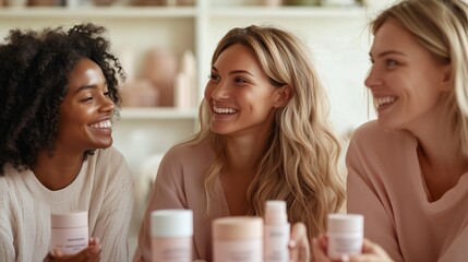 Three women enjoying a cozy skincare gathering while discussing beauty products in a well-lit studio setting