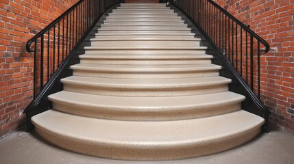 Curved Stone Staircase with Black Iron Railing and Brick Wall