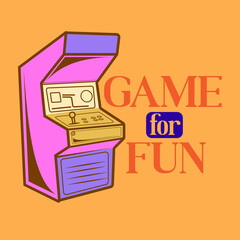 Illustration arcade game machines. Old 8 bit gaming console different gaming cabinet, old game machine from different angles. Insert coin, game over and play again screens