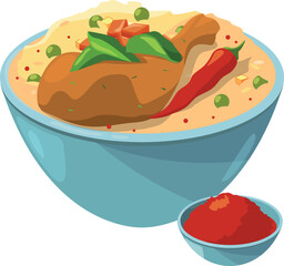 Chicken carry bowl icon. Cartoon asian dish