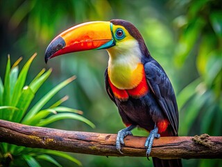Fototapeta premium Adorable toucan perched on a branch showcasing its vibrant beak and colorful feathers in nature