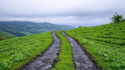 Obraz premium Winding Dirt Road Through Lush Green Landscape with Cloudy Sky and Mountains in Background
