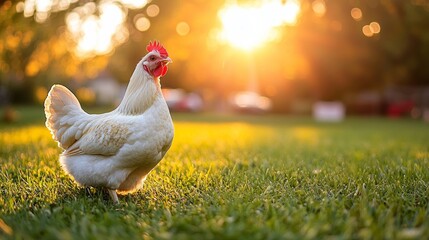 Fototapeta premium White chicken standing on green grass with sunlight shining in the background