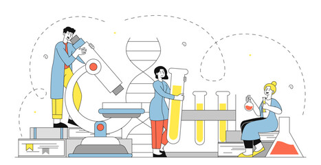People with chemistry. Man with microscope and women with test tubes. Scientists conducting chemical experiment in laboratory. Microbiology and biotechnology. Linear vector illustration