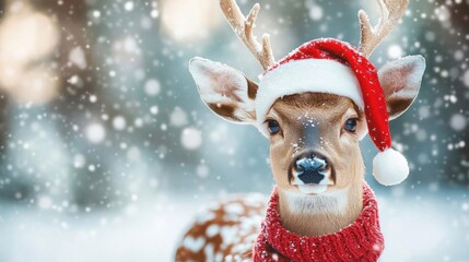 Fototapeta premium Reindeer wearing Christmas hat in snowy winter background