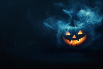 Naklejka premium Scary Halloween pumpkin with evil smiling face on dark mystic background with smoke. Spooky Jack o Lantern for autumn holidays. Creepy concept for design greeting card, banner, poster, invitation