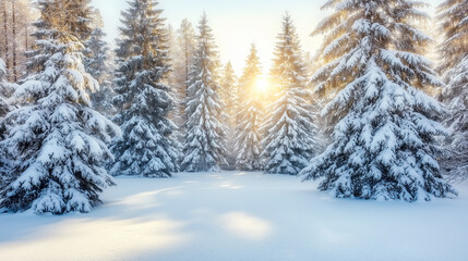 Fototapeta premium Winter Wonderland Landscape with Snow-Covered Pine Trees – a snow-covered winter wonderland, towering pine trees dusted with fresh snow, soft light peeking through the trees