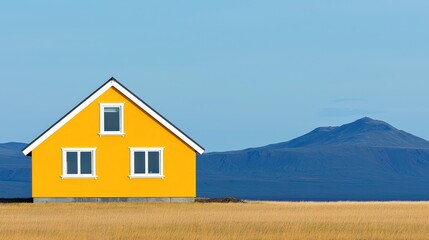 Obraz premium Yellow House in Icelandic Landscape Minimalist Architecture Mountain Background