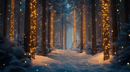 Magical Winter Forest with Christmas Lights – a dense winter forest covered in thick snow, tall pine trees illuminated with glowing Christmas lights