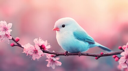 Fototapeta premium Cute Blue Bird Perched on a Branch with Pink Flowers in Spring