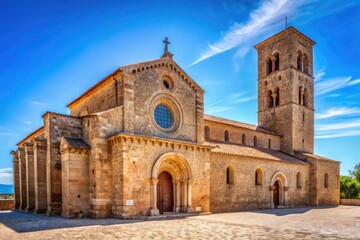 Obraz premium Ancient Santa Sabina Church in Sardinia under Clear Blue Sky - Romanesque and Byzantine Architecture