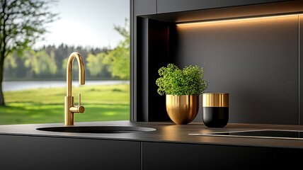 Fototapeta premium Modern Sleek Kitchen Island with Elegant Gold Fixtures,3D rendering