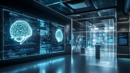 Futuristic Room with Digital Brain Displays